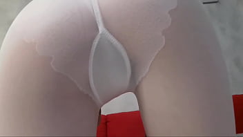 Pretty Woman In White Pantyhose Caresses Her Pussy By Sliding Her Panties To The Side free video